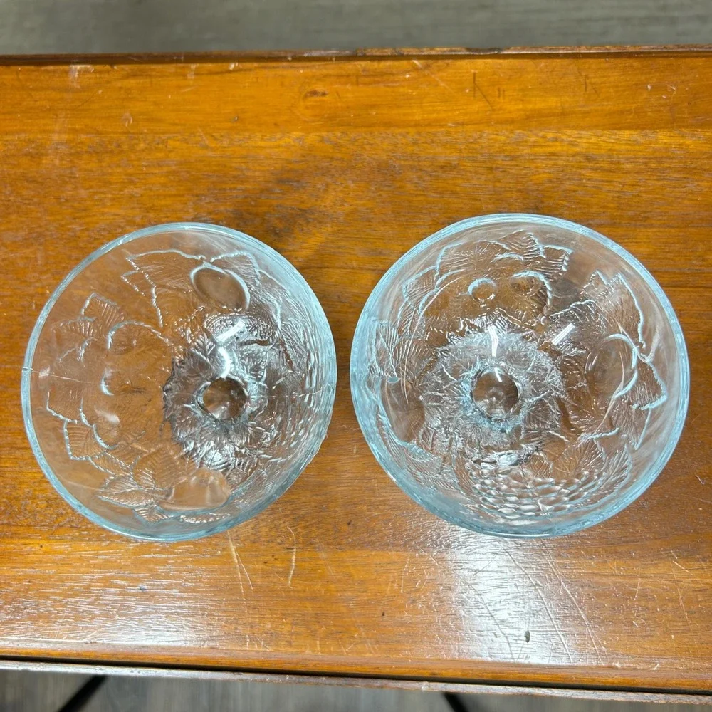 Vintage Clear Pressed Glass Fruit Embossed Footed Dessert Bowls Set of 2